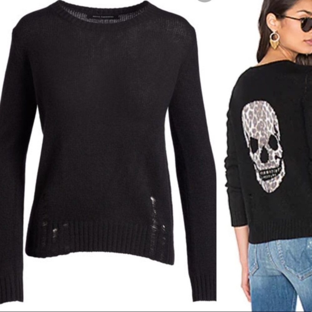 Skull Cashmere Raj Cashmere Sweater Leopard Skull Distressed Black Knit